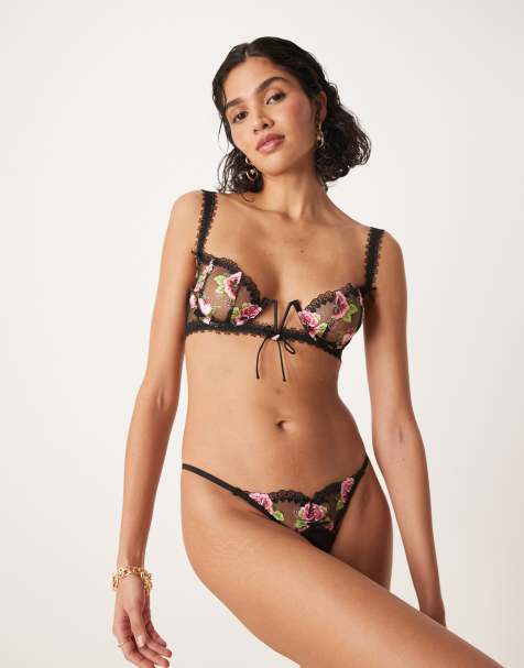 For Love & Lemons Love Garden lingerie thong panty in black multi (part of a set) - view 1