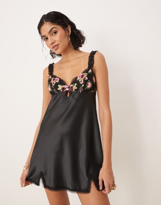For Love & Lemons - Love Garden - Vestito sottoveste nero multicolore, 2 di 4