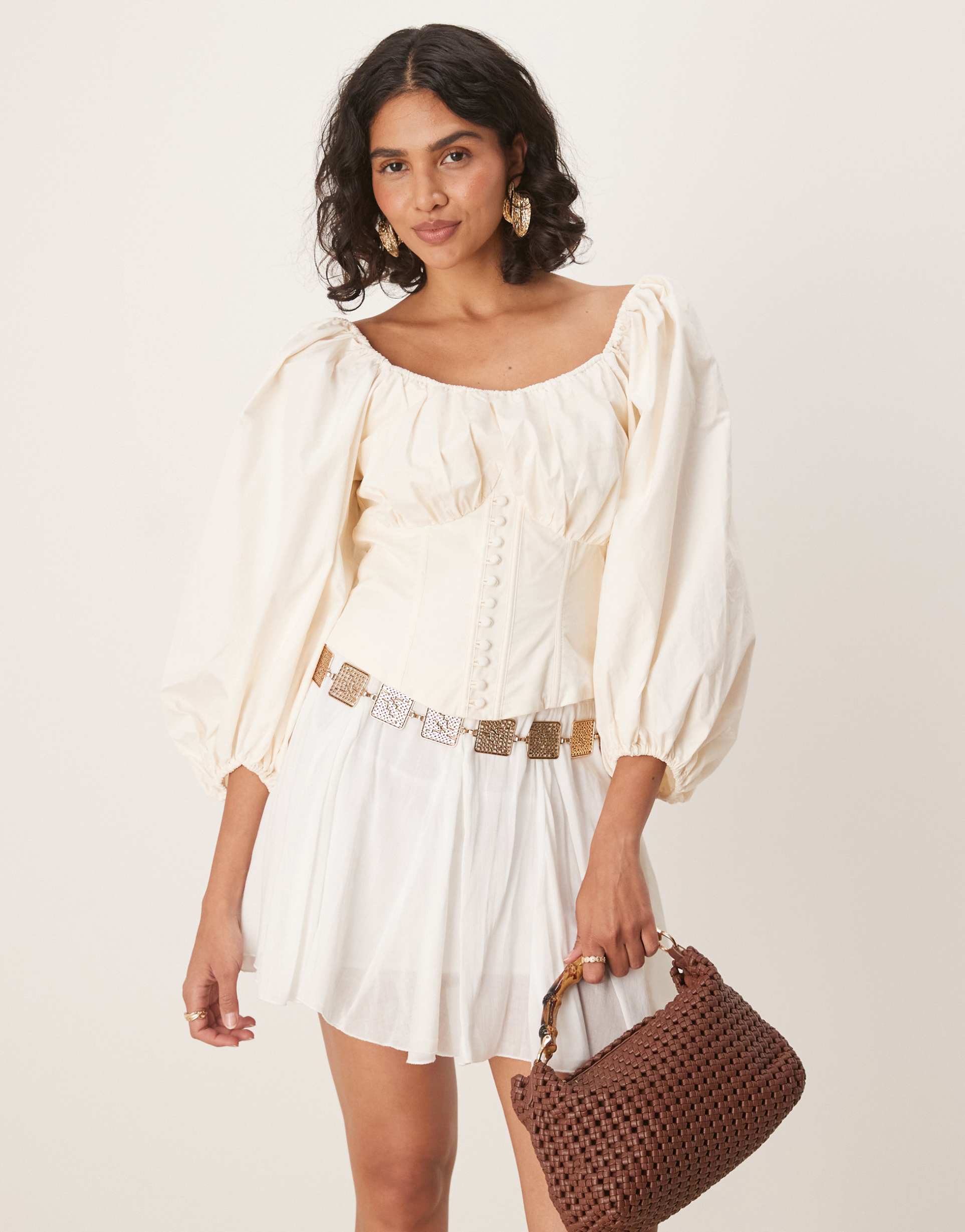for love & lemons marion balloon sleeve corset blouse in cream
