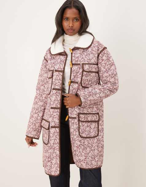 For Love & Lemons Marlene padded pocket detail borg collar coat in pink floral - view 1