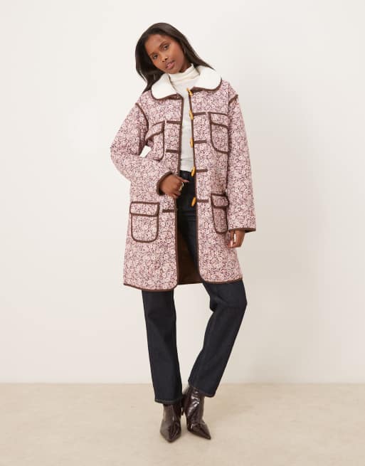 For Love & Lemons Marlene padded pocket detail borg collar coat in pink floral, 2 of 4