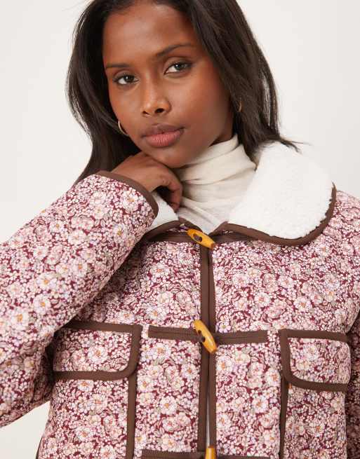 For Love & Lemons Marlene padded pocket detail borg collar coat in pink floral, 3 of 4