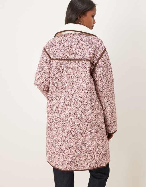 For Love & Lemons Marlene padded pocket detail borg collar coat in pink floral, 4 of 4