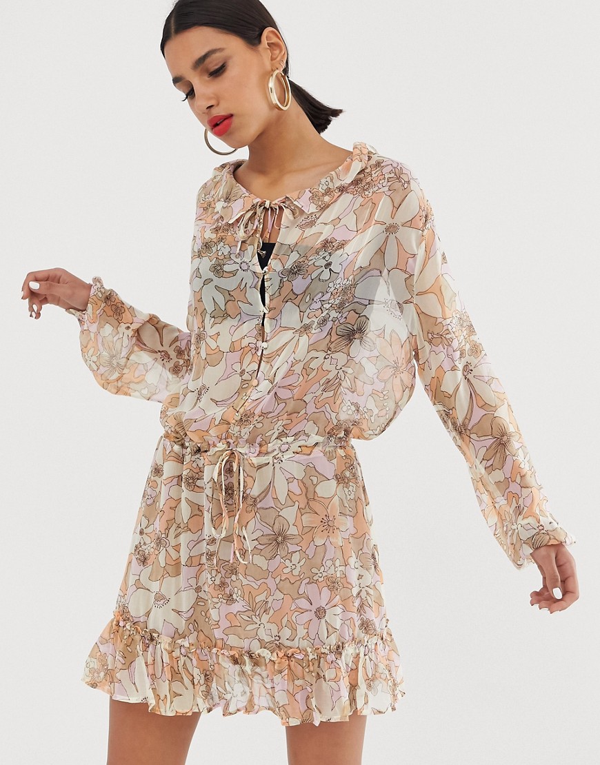 For Love & Lemons – Mauritza – Blommig skir klänning med klockärm-Beige
