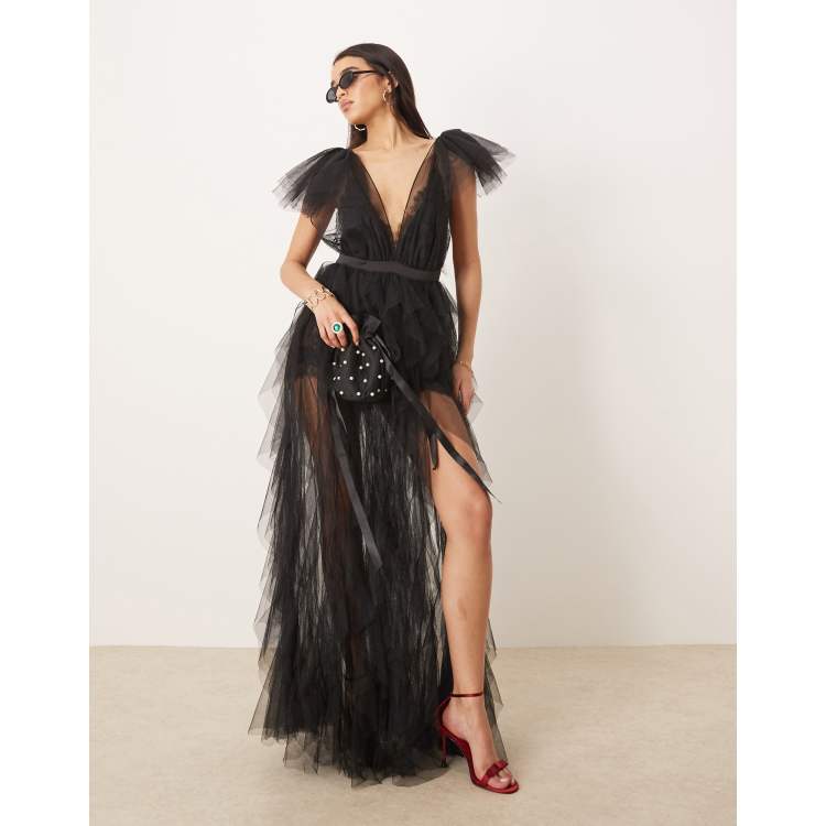 For Love & Lemons Maxine tiered tulle gown with lace mini dress in black |  ASOS