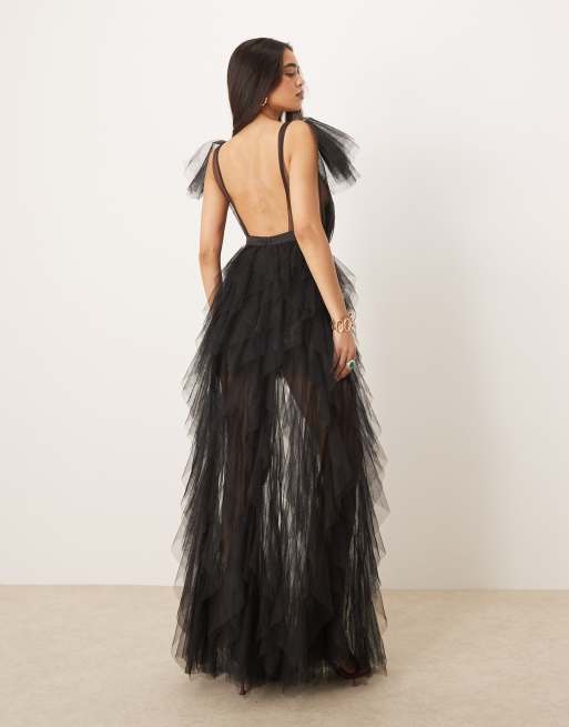 For Love & Lemons Maxine tiered tulle gown with lace mini in black , 2 of 4
