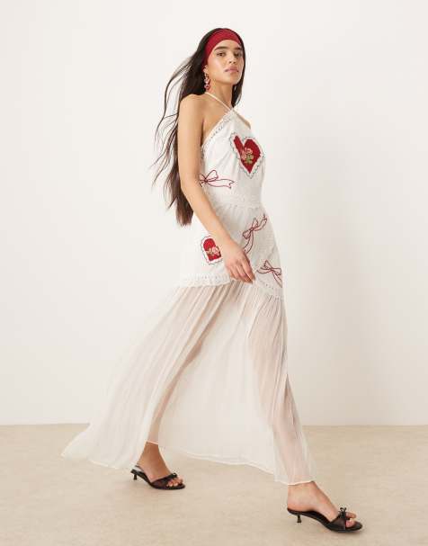 For Love & Lemons Mi Amore embroidered maxi dress in white 