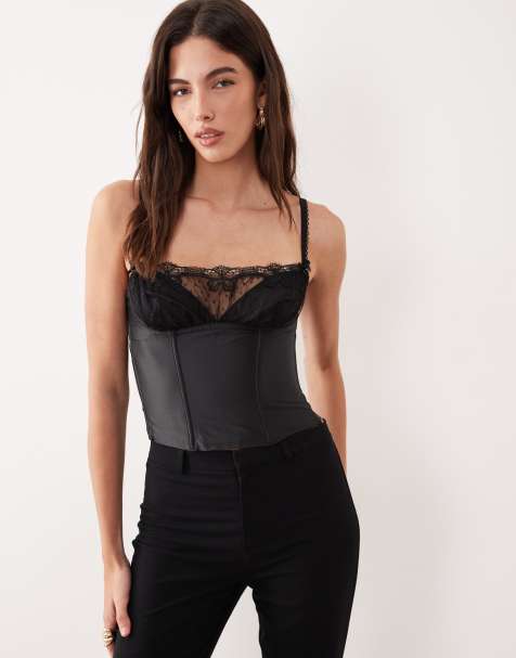 For Love & Lemons Papillion satin and lace open back bustier corset top in black - view 1