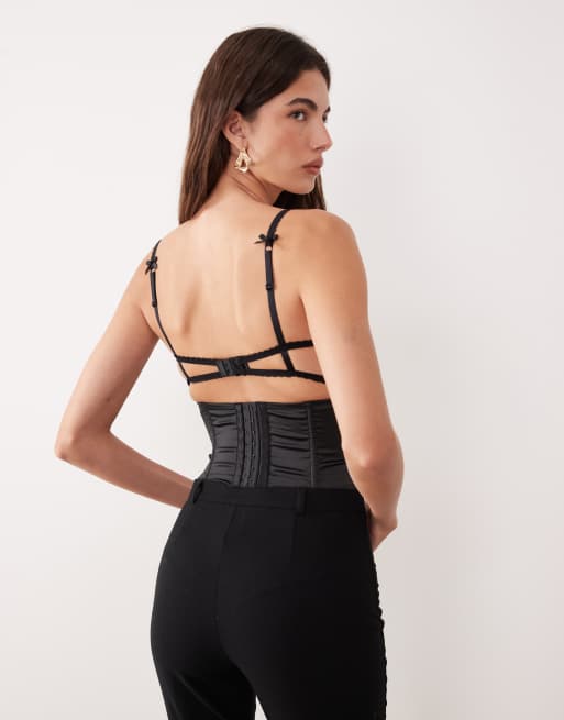 For Love & Lemons Papillion satin and lace open back bustier corset top in black, 2 of 4