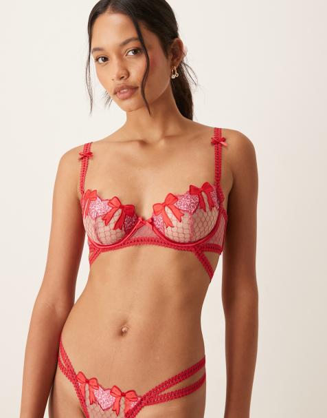 For Love & Lemons perfect match embroidered satin bow & heart underwire bra co-ord in red - view 1