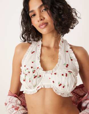 For Love & Lemons - Perlenbesetztes Bustier in Weiß mit rotem Kirschen-Motiv, Kombiteil-Bunt