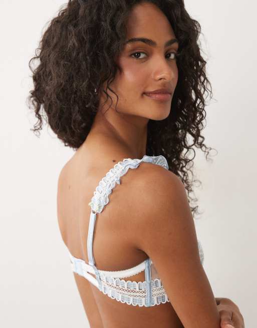 For Love & Lemons - Pinkaboo - Soutien-gorge d'ensemble brodé à fleurs avec volants aux épaules - Bleu, 4 de 4