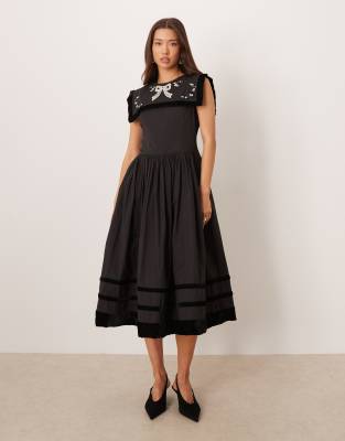For Love & Lemons Poplin And Velvet Mix Embroidered Bib Detailing Midi Dress In Gold