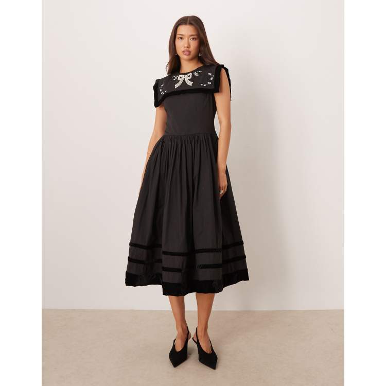 For Love & Lemons poplin and velvet mix embroidered bib detailing