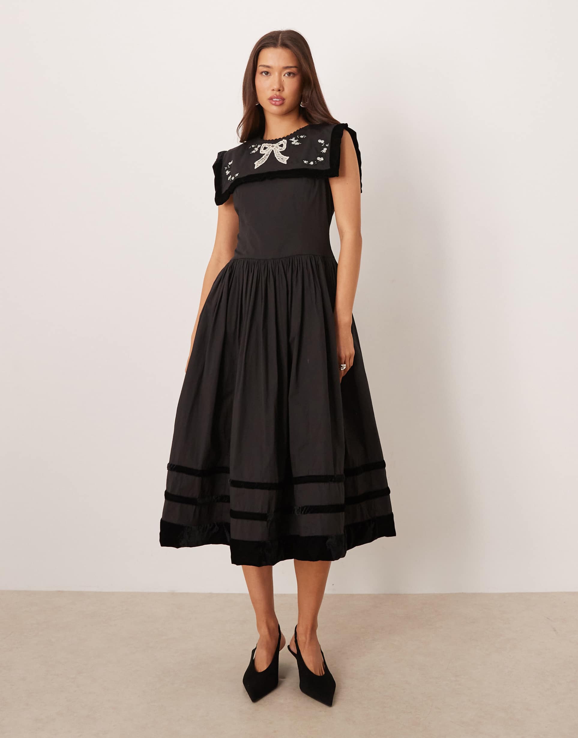 for love & lemons poplin and velvet mix embroidered bib detailing midi dress in black