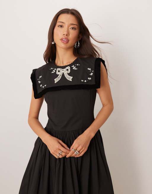 embroidered bib dress Navy Blue Embroidered Cut-Out Midi Dress – FARM Rio