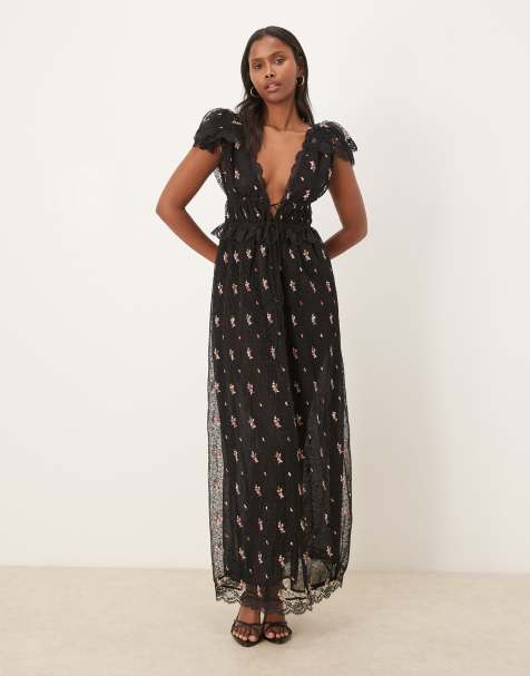 For Love & Lemons Poppy lace plunge neck tie detail embroidered maxi dress in black floral - view 1