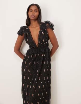 For Love & Lemons Poppy Pleated Lace Maxi Dress In Black