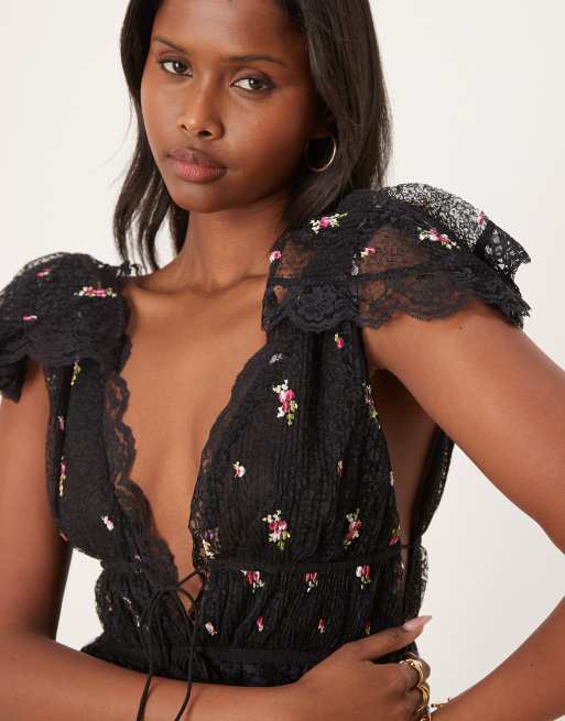For Love & Lemons Poppy pleated lace maxi dress in black | ASOS