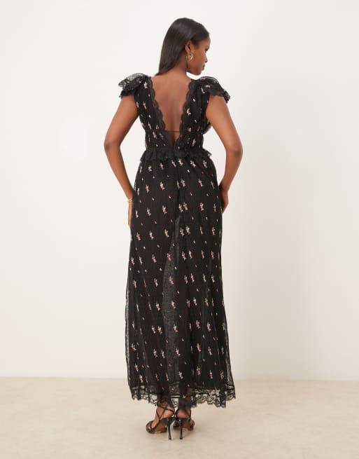 For Love & Lemons – Poppy – Plissiertes Maxikleid aus Spitze in Schwarz, 3 von 4