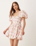 [For Love & Lemons] For Love & Lemons puff sleeve milkmaid mini dress in white floral S White