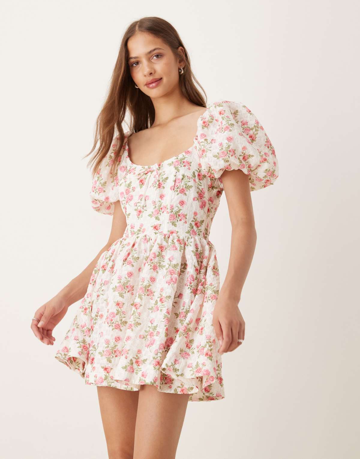 For Love & Lemons puff sleeve milkmaid mini dress in white floral