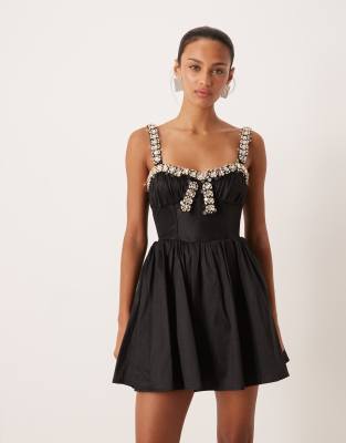 For Love & Lemons Rhinestone Trim Mini Dress In Black