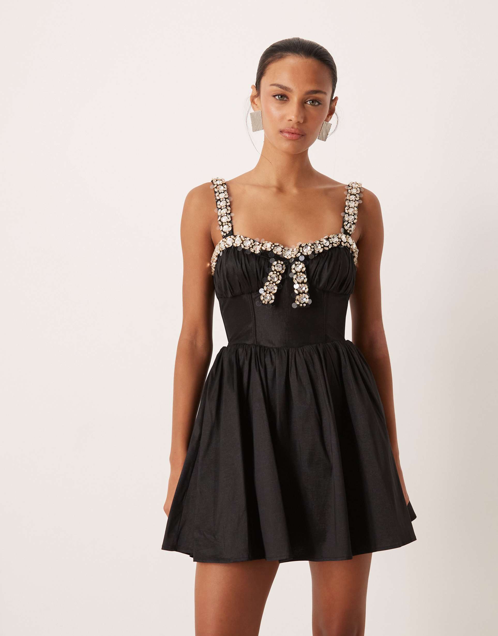for love & lemons rhinestone trim mini dress in black