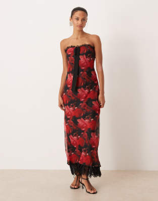 Robe bustier longue à imprimé fleuri avec dos ouvert avec ourlet en dentelle - Rouge foncé 2XS