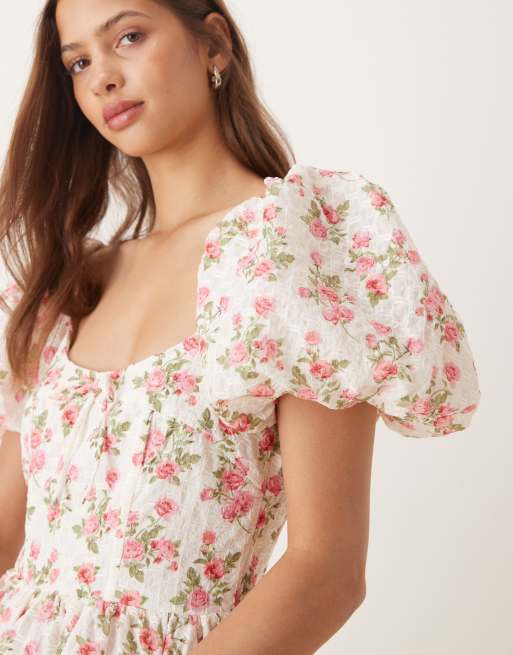 For Love & Lemons - Robe courte tendance folk à imprimé fleuri et tendance folk - Blanc, 3 de 4