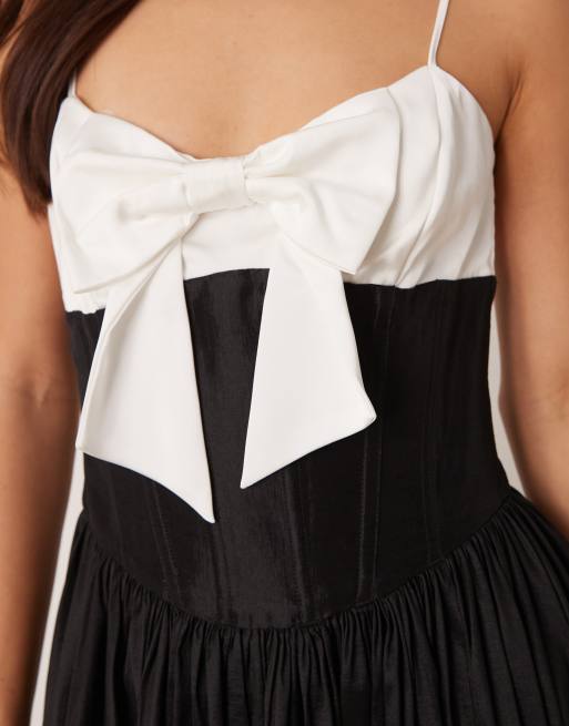 For Love & Lemons - Robe patineuse mi-longue avec corsage à nœud contrastant - Noir, 2 de 4