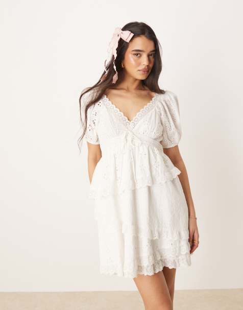 For Love & Lemons Rosalyn lace detail mini dress in white