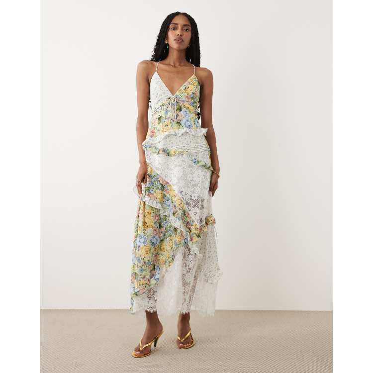 For Love & Lemons Rosalyn v-neck lace detail cami maxi dress in