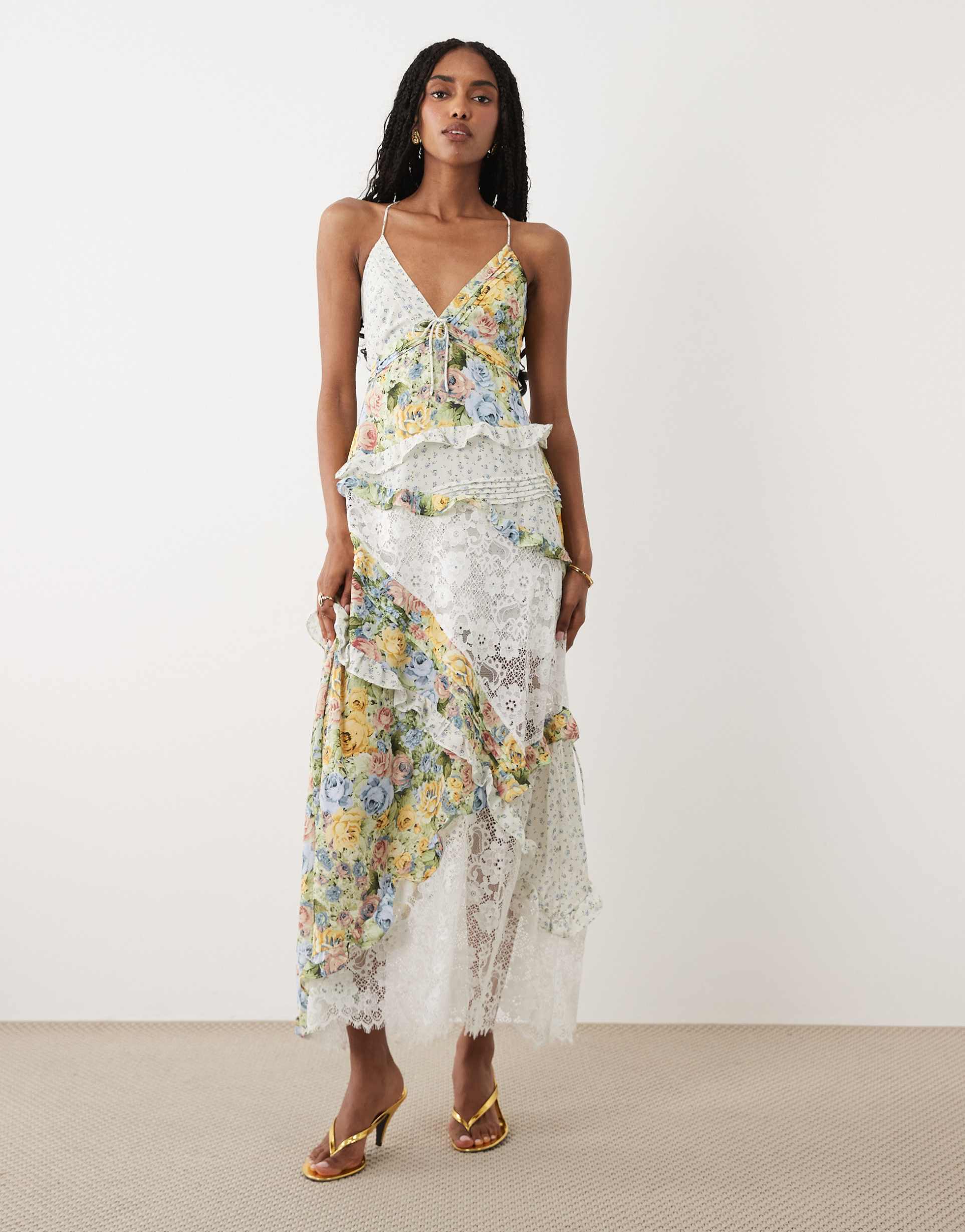 for love & lemons rosalyn v-neck lace detail cami maxi dress in multi floral