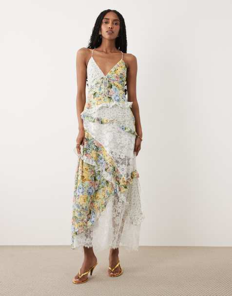 For Love & Lemons Rosalyn v-neck lace detail cami maxi dress in multi floral