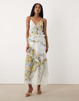 For Love & Lemons Rosalyn V-neck Lace Detail Cami Maxi Dress In Multi