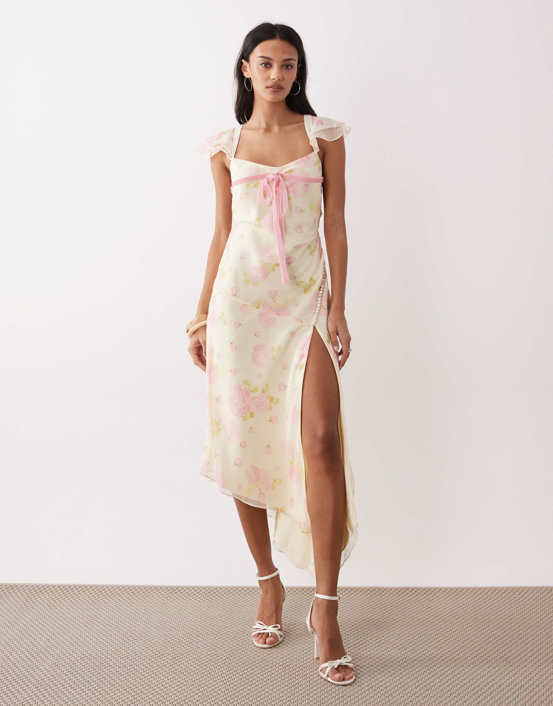 for love & lemons rue midi dress in soft yellow