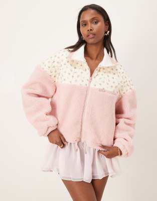 For Love & Lemons Saide Floral Fleece Jacket In Pink