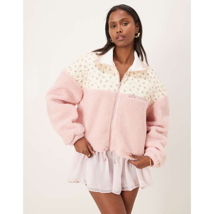 sansangear モヘアビーニー　ours ローズ For Love & Lemons Saide floral fleece jacket in pink | ASOS
