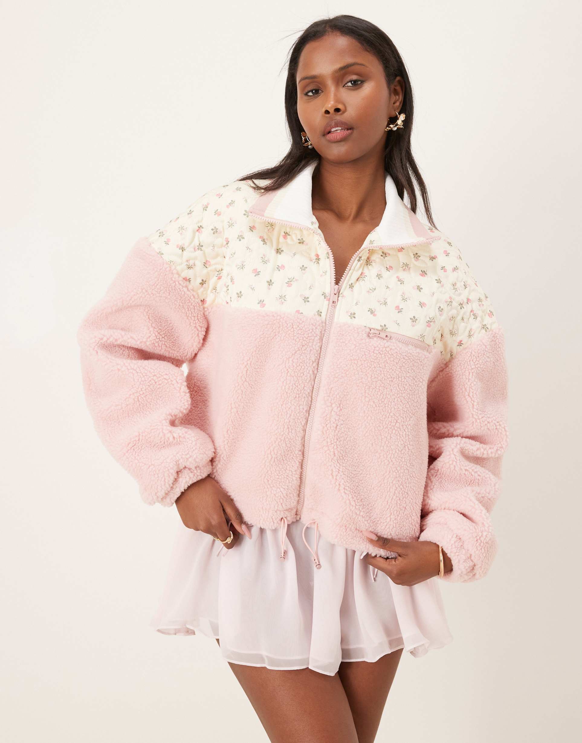 for love & lemons saide floral fleece jacket in pink