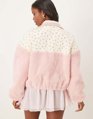 For Love & Lemons Saide Floral Fleece Jacket In Pink