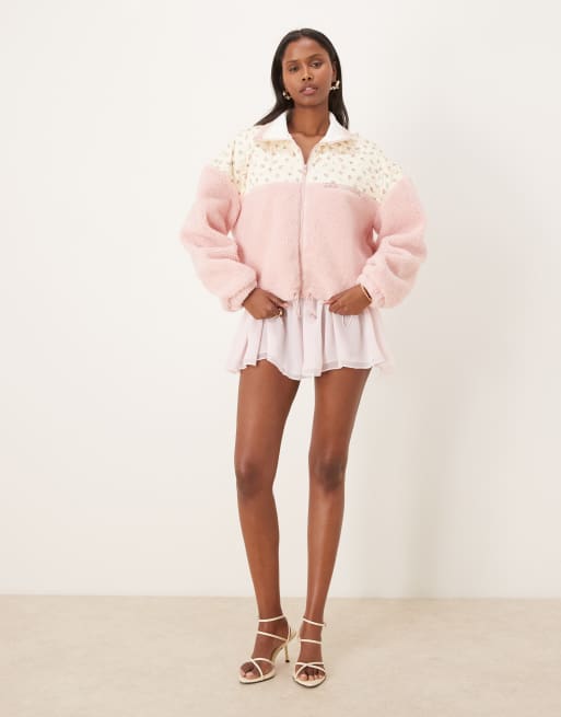 For Love & Lemons - Saide - Giacca in pile rosa a fiori, 3 di 4