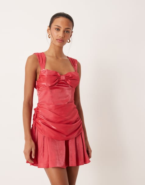 For Love & Lemons satin drape bow detail low back mini dress in red