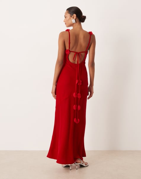 For Love & Lemons – Satin-Maxikleid in Rot mit Rückenausschnitt und Rosettendetails - view 1