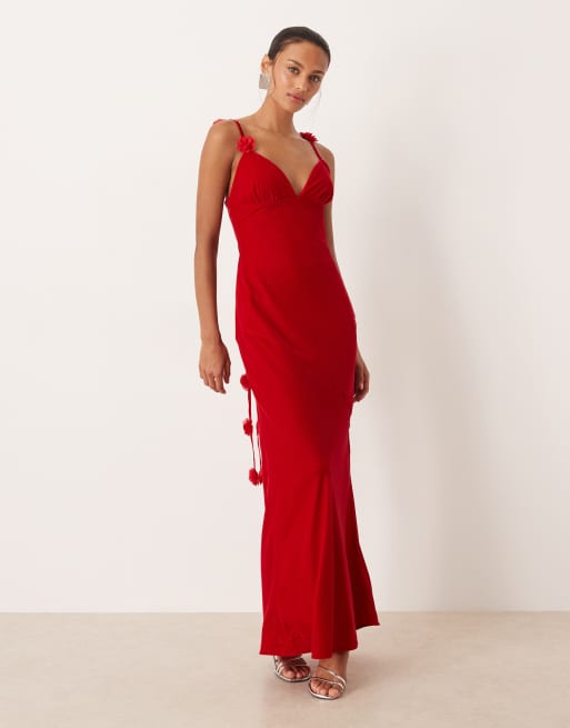 For Love & Lemons satin open back maxi dress with rosette detail in red |  ASOS