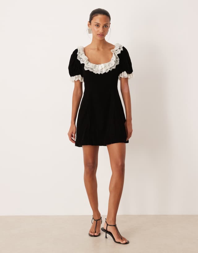 For Love & Lemons scoop neck velvet mini dress with lace trim ruffles in black