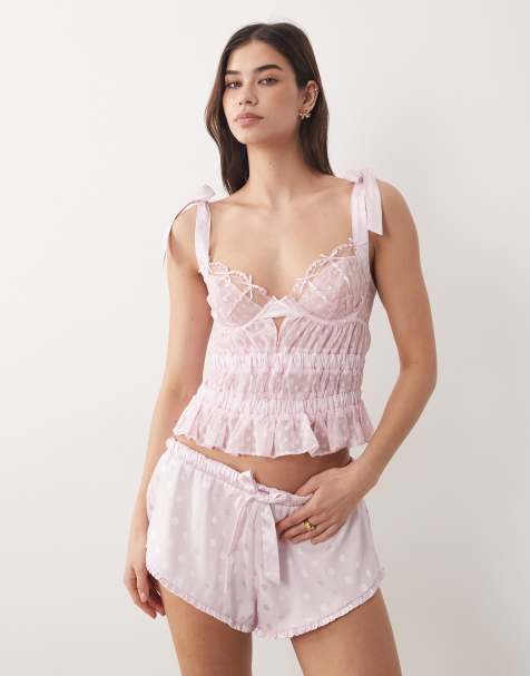 For Love & Lemons slotted hearts sleep shorts in pink (part of a set) - view 1