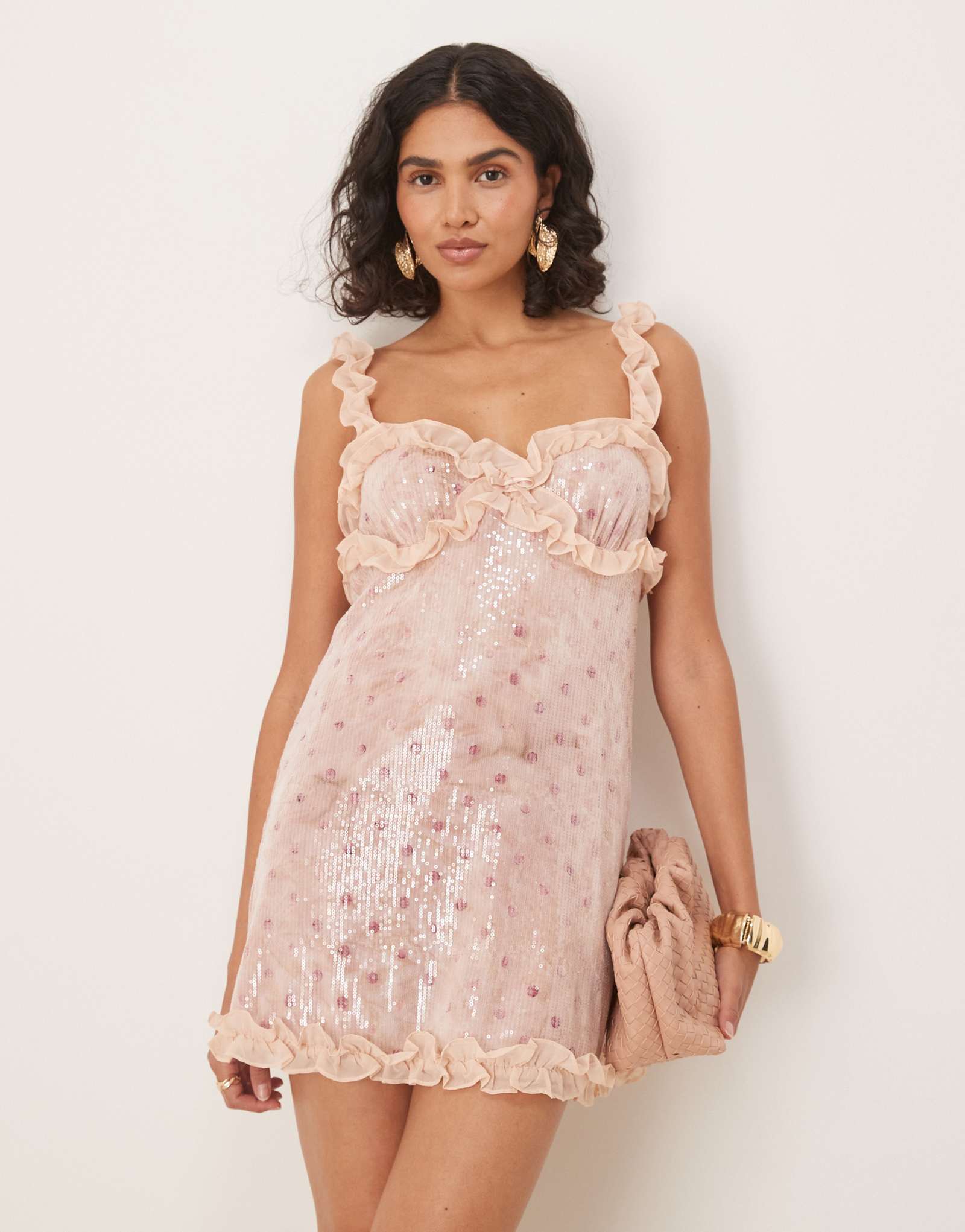 Розовое мини-платье с пайетками и оборками For Love &Lemons Sophia