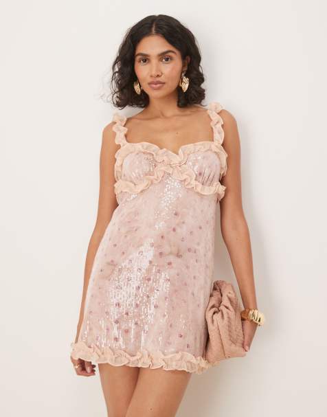 For Love & Lemons Sophia sequin ruffle mini dress in pink