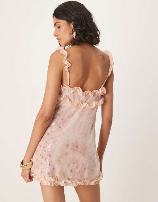 For Love & Lemons Sophia sequin ruffle mini dress in pink, 4 of 4